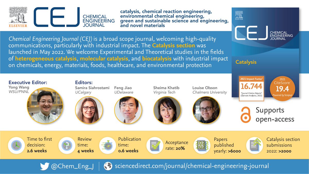 Thrilled about the newly launched CEJ Catalysis Section and the talented editor team, eagerly look forward to receiving well-crafted papers and communications in the field of catalysis @Chem_Eng_J @siahrostami @Jiao_Lab @ElsevierNews
