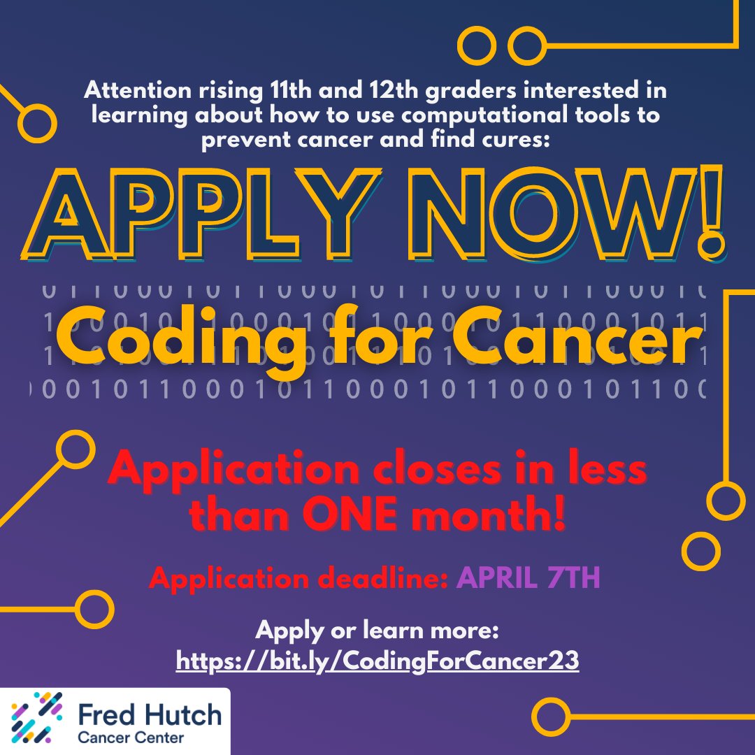 Coding for Cancer connects students with computational biologists, teaches hands-on skills, and show how coding and computational tools are used in cancer research. No prior coding experience is necessary. Learn more or apply at bit.ly/CodingForCance…… @fredhutch
