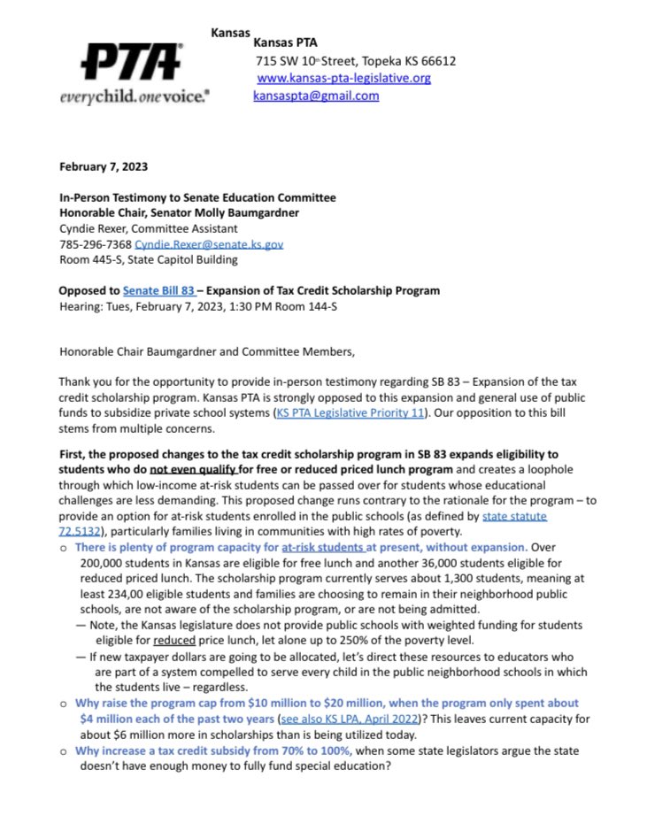 KS PTA Legislative on Twitter "Kansas PTA opposed all vouchertype bills, including SB83 and