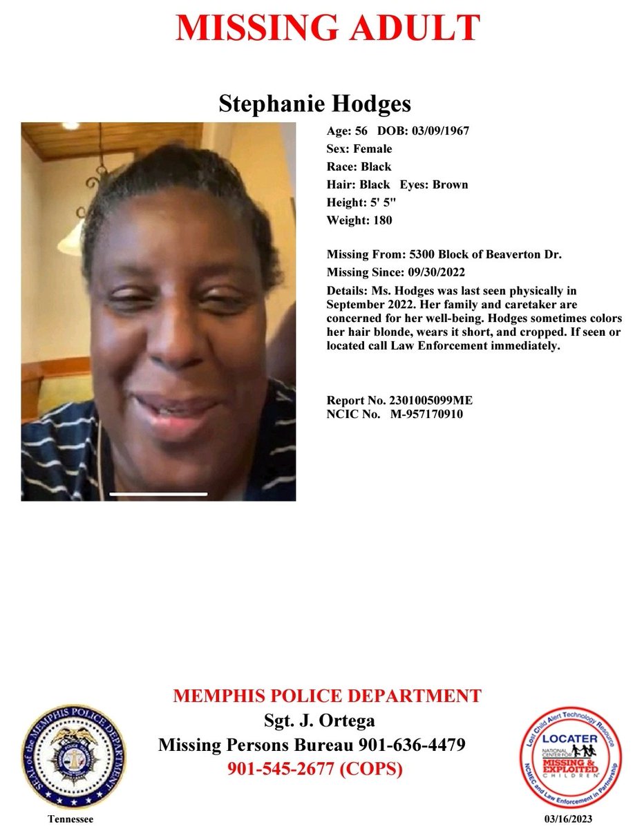Have you seen Stephanie Hodges?

Ms. Hodges was last seen physically in September 2022. Her family and caretaker are concerned for her well-being. Hodges sometimes colors her hair blonde, wears it short, and cropped.

Report #2301005099ME