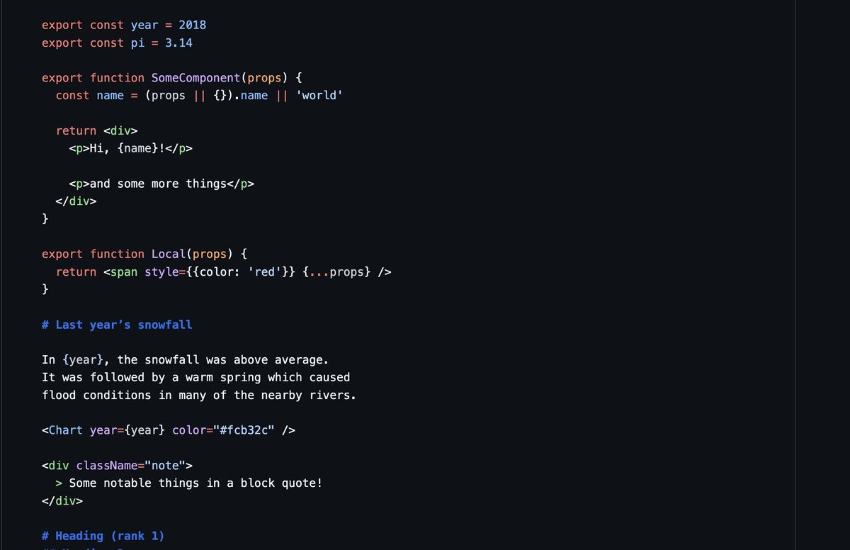 wooorm's tweet image. I’ve been working on syntax highlighting for 2 weeks, and it’s looking good. Markdown left, MDX right.
Look: import/exports with blank lines in MDX! Directives, too!
Now to clean everything up for publishing