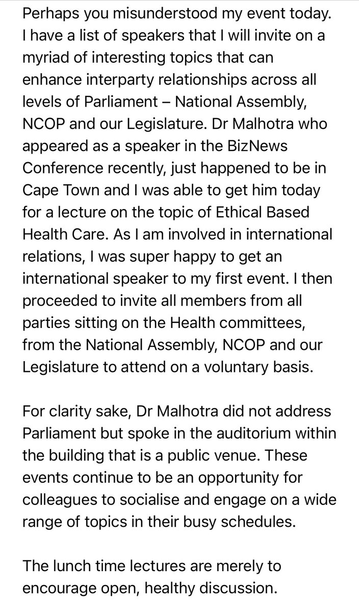 ewnreporter's tweet image. He was invited by Deputy Speaker, Beverley Schäfer, to address her newly launched #lunchtimetalks in the Auditorium. 

Here’s Schäfer’s statement on the matter :