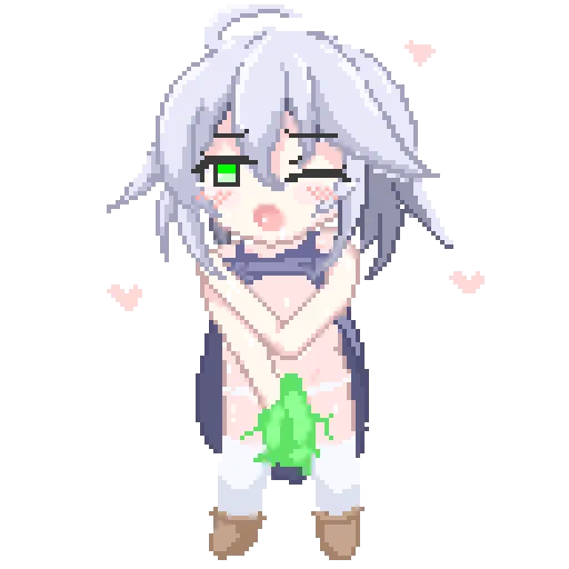 ドット絵試作2号!スライムさんのシーンを等身低めで明暗差を強めに!次はもうちょっと高等身を試してみることにします。 