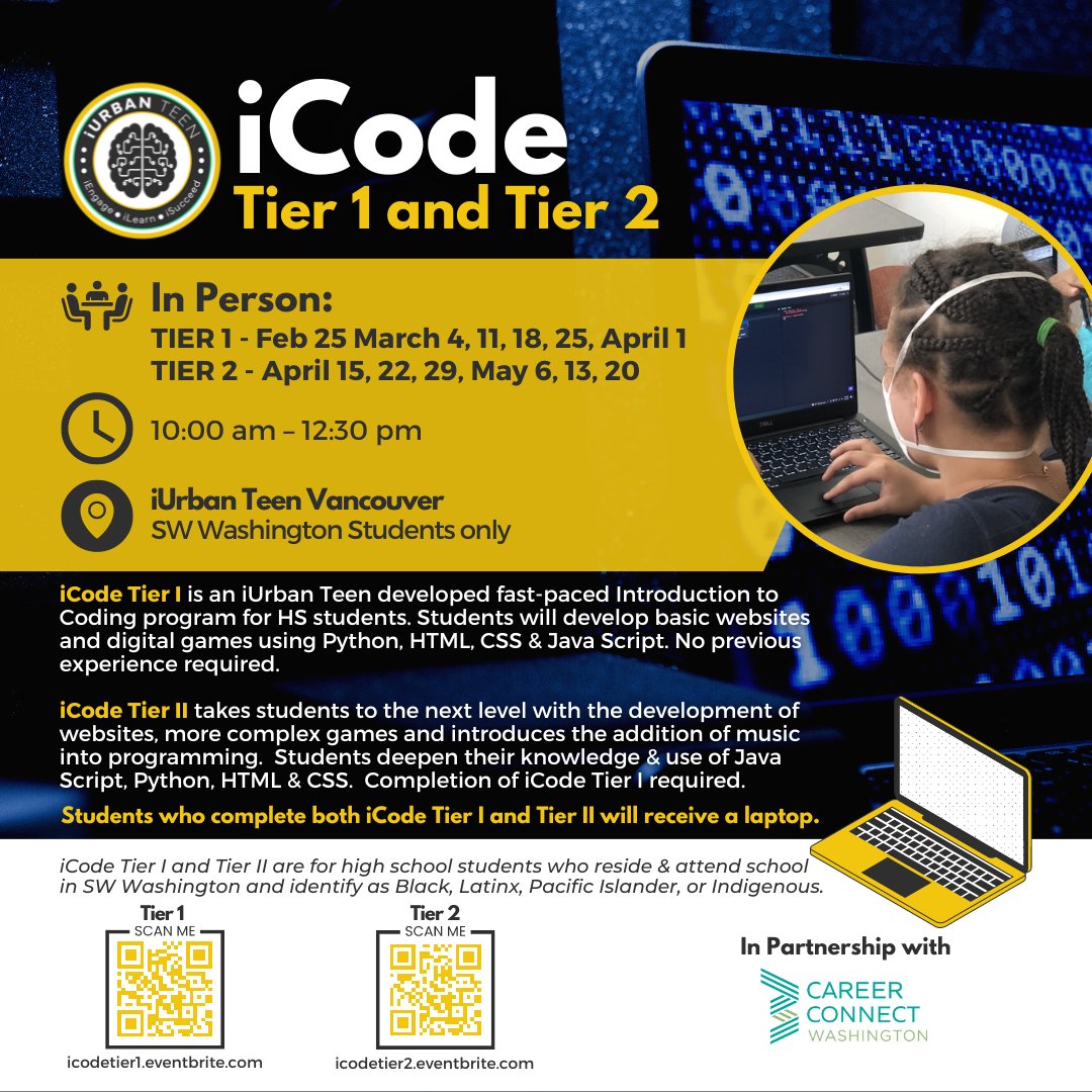 iurbanteen's tweet image. Sign up for #iCode, a valuable coding program for high school students! iCode. No prior experience of coding is required, come as you are!
Sign up today at icodetier1.eventbrite.com OR icodetier2.eventbrite.com