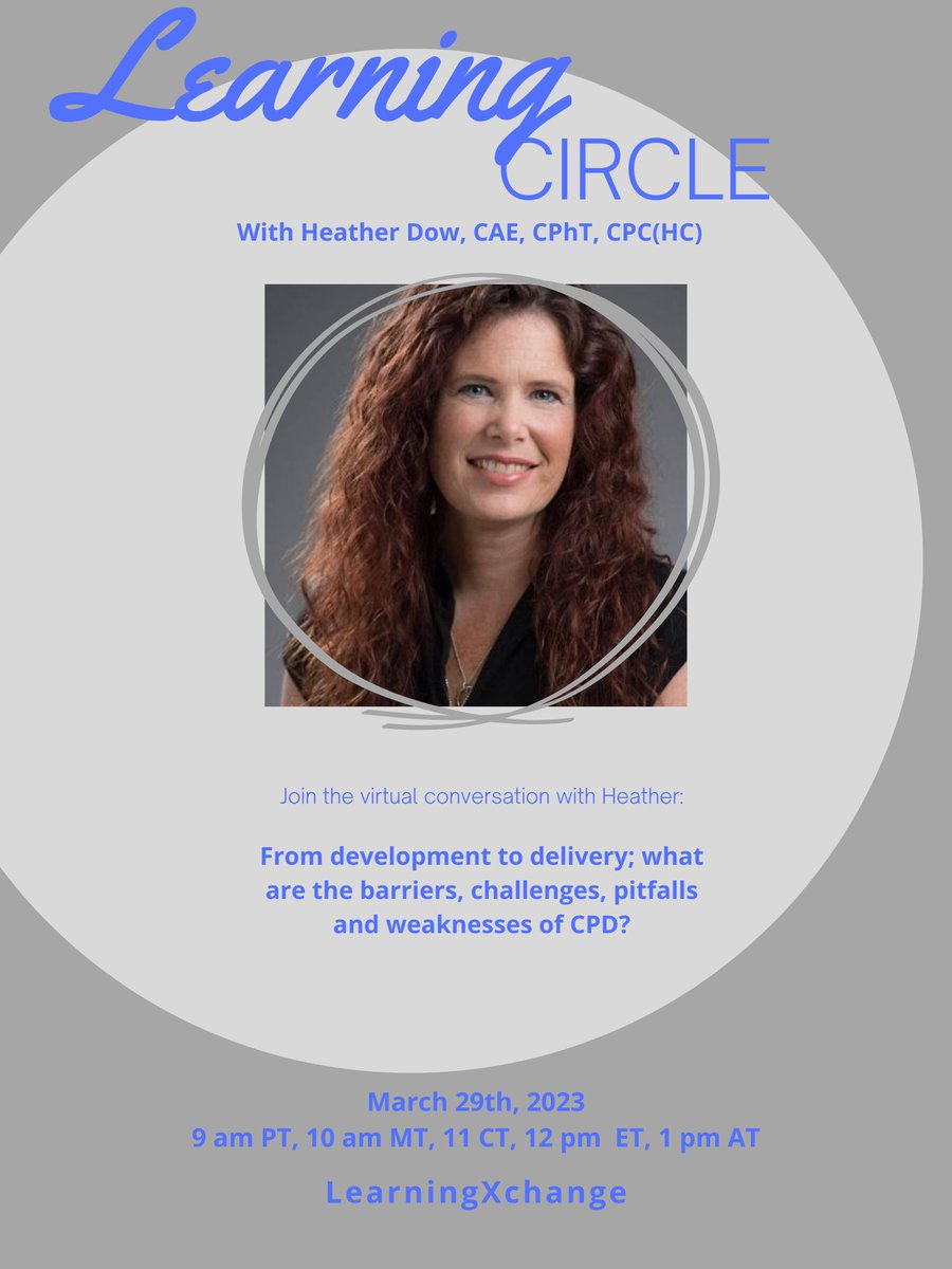 Register now bit.ly/3h1DAzs for the Learning Circle. 
Heather Dow will share her thoughts on #CPD from development to delivery, the barriers, challenges and weaknesses. 

Listen in, ask question, share resources, sit back and take it in 
Leave with new thinking