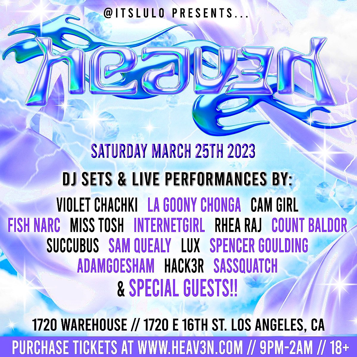 ☁️💟 HEAV3N MARCH 25TH!!  💟☁️ Come join us in the clouds for a night of live performances, dj’s, drag shows, burlesque, + special guests all night!! 💜☁️ Tix available at heav3n.com while they last!! ☁️