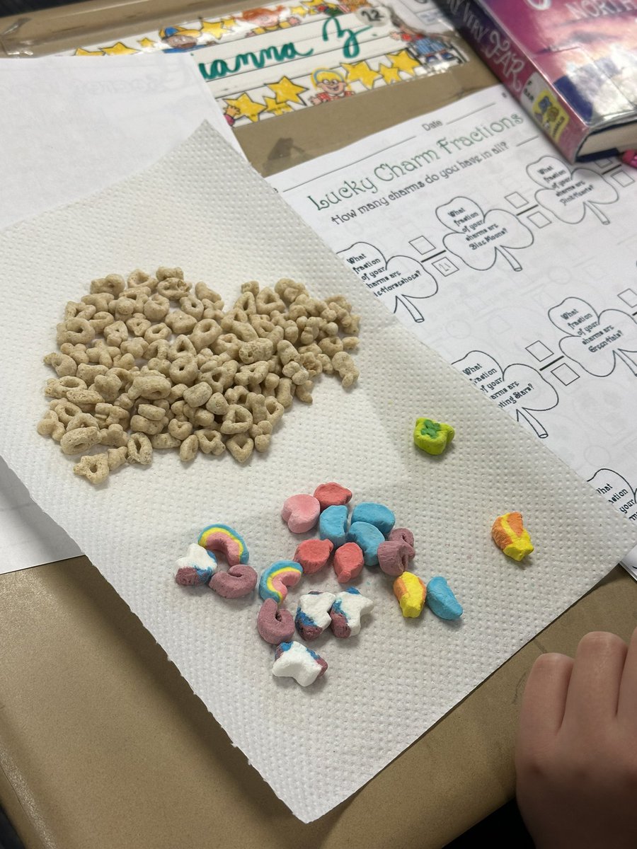 Miss Foley’s students got to work on some fun fractions with Lucky Charms today! What a fun and engaging activity! Lucky kids! #ccsd93 <a href="/MissFoleyTeach/">Krissy Foley</a>