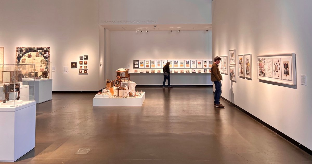 greggmuseum's tweet photo. Join us this evening at 6:00 p.m. for an in-depth tour of This is Not: Aldwyth in Retrospect. 

[ID: A photograph from the entrance of an exhibition gallery with white walls. Two individuals are looking at examples of two and three-dimensional collage.]

#Aldwyth #Collage https://t.co/BYt3ppTg94