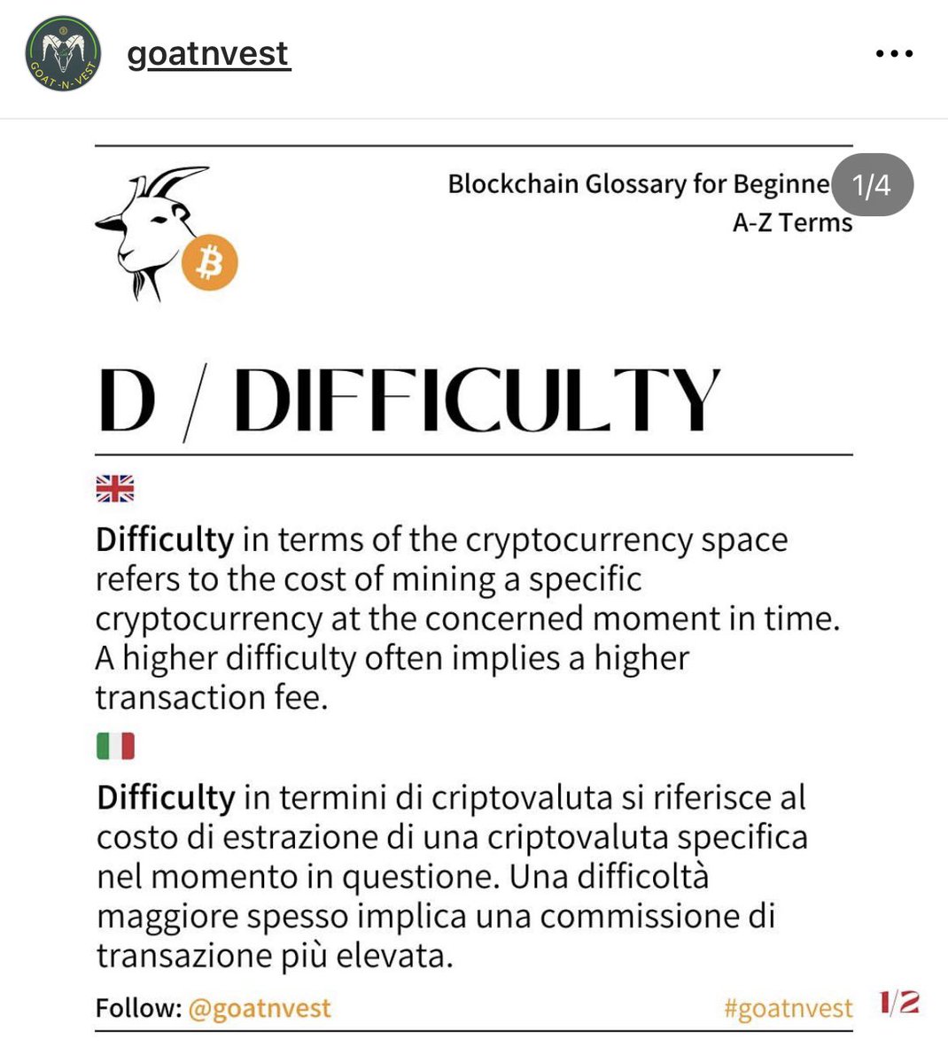 🎓 Education Alert 🚨

Today’s topic = Difficulty 👀

Get a complete overview of all technical terms on my new Instagram A-Z Glossary series (@)goatnvest  🇬🇧🇮🇹🇩🇪

Learn and understand the basic and advanced #blockchain, #crypto, #defi, #nft &amp; #web3 Terms.