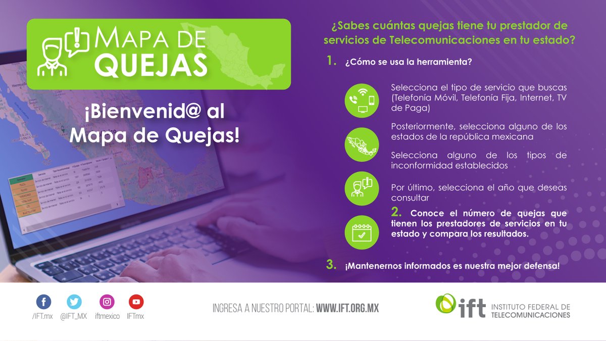 IFT_MX's tweet photo. ¿Quieres saber cuántas quejas tiene tu prestador de #ServiciosTelecom?
El @IFT_MX creó el #MapaDeQuejas🗺️, donde puedes consultar las inconformidades en #TelefoníaMóvil🤳, #TelefoníaFija☎️, #TVdePaga📺 e #Internet 🌐.
Descubre esta #HerramientaIFT aquí 👉https://t.co/ayDgyUKTFq https://t.co/fD7keo2jXH