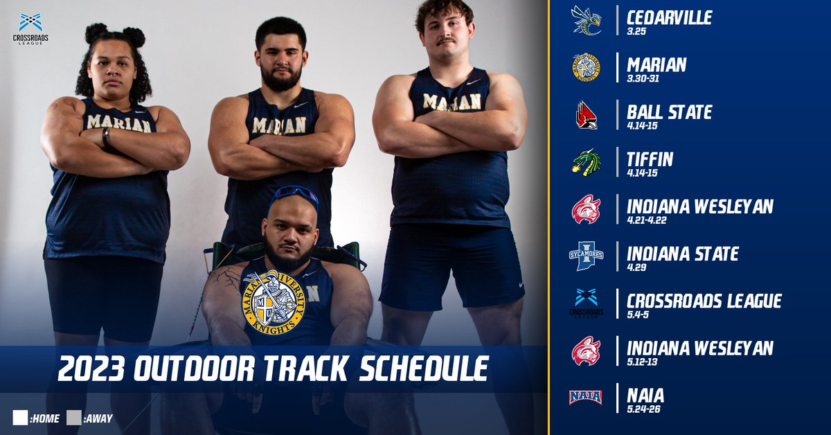MUKnights's tweet photo. Outdoor Track and Field season is nearly here!!

Next week the Knights kick off their 2023 outdoor season at Cedarville, and will host home meets on March 30 and May 4!

@MarianTrackXC is the host of the 2023 Crossroads League Championships! https://t.co/TKhY2Rgfoo