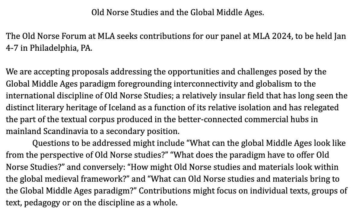 🎺CFP deadline extended for the Old Norse session 'Old Norse Studies and the Global Middle Ages' at #mla24, in Philadelphia -- you're not too late, abstracts are welcome until March 31st!  Call is below, further details at mla.confex.com/.../webprogram…