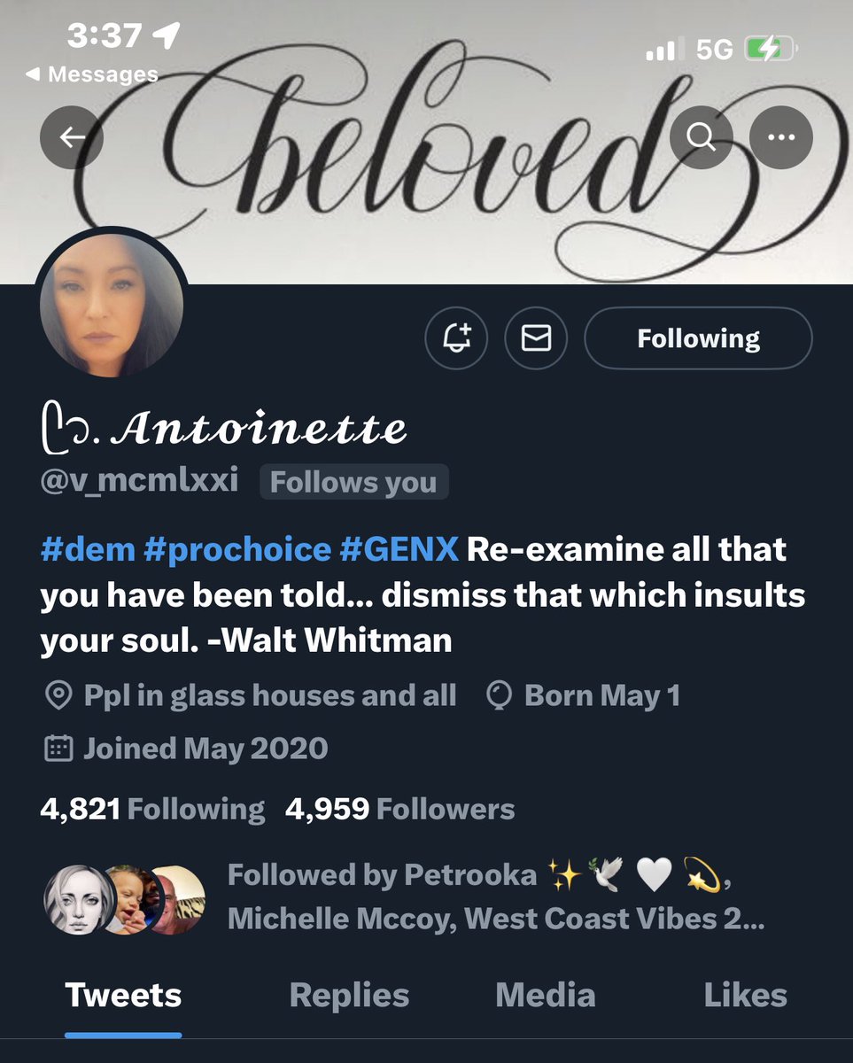 Hey guys <a href="/v_mcmlxxi/">৻ꪆ𝓐𝓷𝓽𝓸𝓲𝓷𝓮𝓽𝓽𝓮</a> known as Antoinette is a Democrat, fighter of pro-choice and a blue Supporter!  She’s only 41 short of breaking the 5k hump! If you aren’t following already please take a peak and give a follow! If you already do follow please Retweet! Or just Do Both😊💙