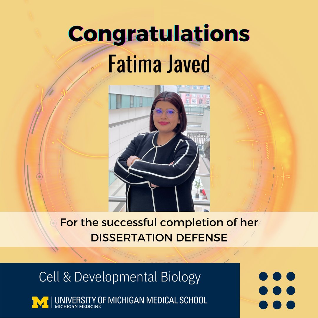 Congratulations to Fatima Javed!

Fatima (Parent Lab) successfully defended her thesis, " Role of cytosolic phospholipase A2 alpha during neutrophil chemotaxis," on March 16, 2023.

#UMICHCDB #UMCDB #highered