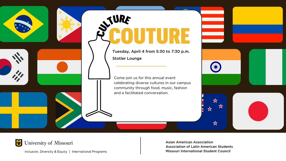 Celebrate our diverse campus community at Culture Couture, from 5:30 to 7:30 p.m. on April 4 at Stotler Lounge! Enjoy delicious food, captivating music, stunning fashion and an engaging conversation. Don't miss out!