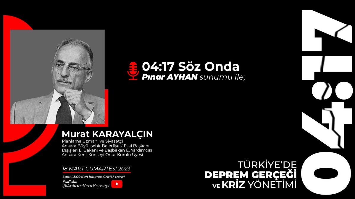 #TürkiyeKentKonseyleriBirliği cumhuriyetin 100. yılında cumhuriyetin kalbi "Ankara'da Türkiye'de Deprem Gerçeği ve Kriz Yönetimi" başlığı ile 18 Mart Saat 13:00'de Ankara Kent Konseyi Youtube Kanalında canlı yayında!