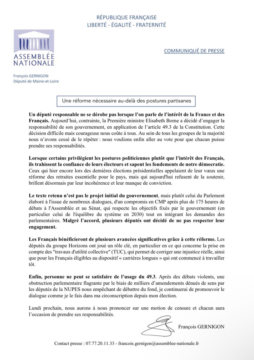 Aujourd’hui, la Première ministre <a href="/Elisabeth_Borne/">Élisabeth BORNE</a> a engagé la responsabilité de son gouvernement sur la #ReformedesRetraite. ⤵️