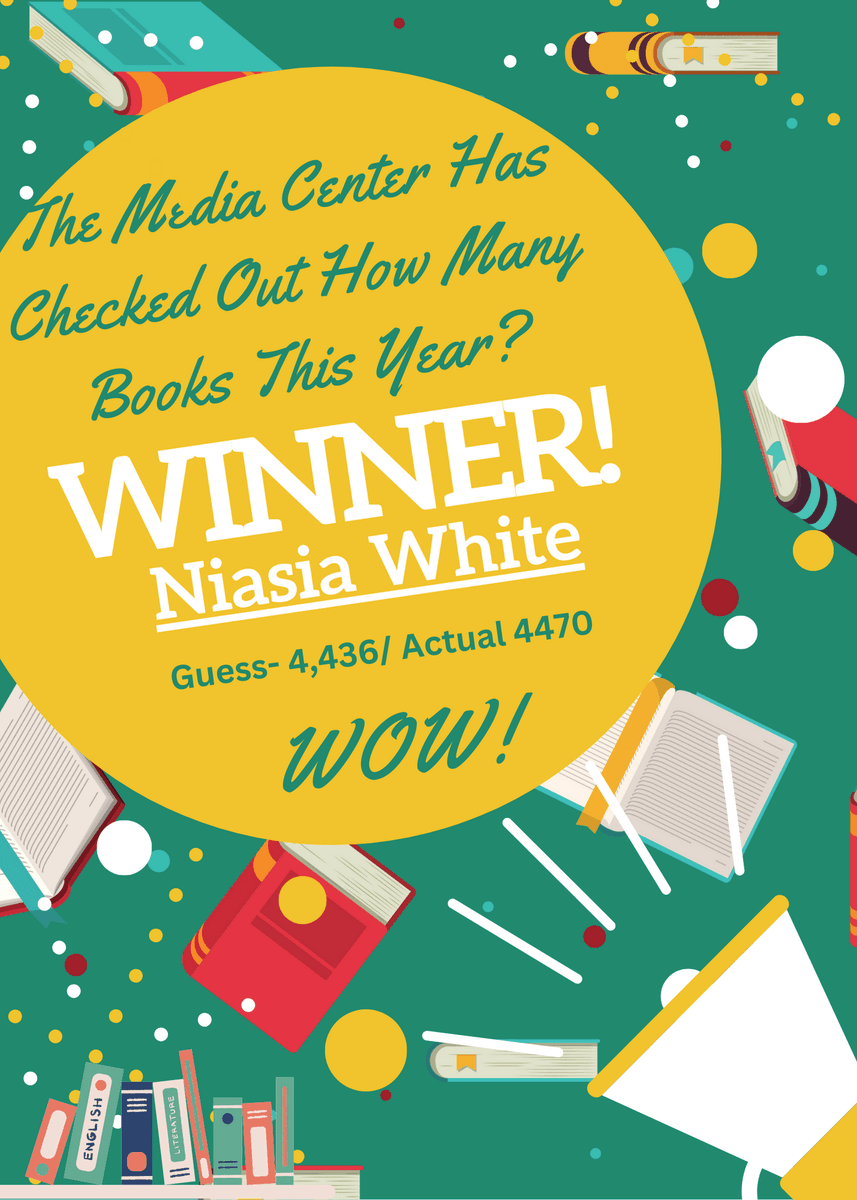 LmcWarrior's tweet photo. Congratulations to Niasia White! She came closest (without going over) to guessing the number of materials checked out of our school library this year. The actual number circulated this year is 4,470. #warriorsread #whsreads #wandoreads #readccsd @VOCALCCSD @wandohigh https://t.co/FQJStl35yq