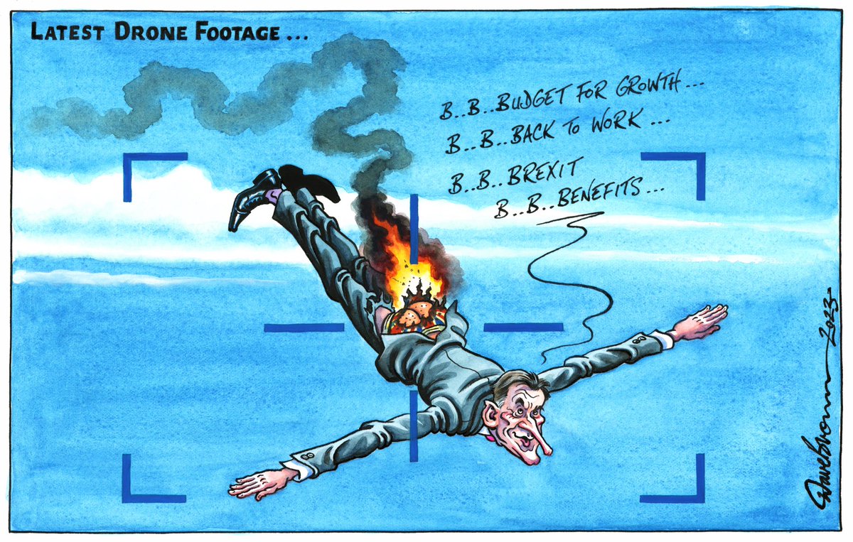 Dave Brown on #JeremyHunt #Budget2023 #SpringStatement #Drone #ForTheFewNotTheMany #dronecrash - political cartoon gallery in London original-political-cartoon.com