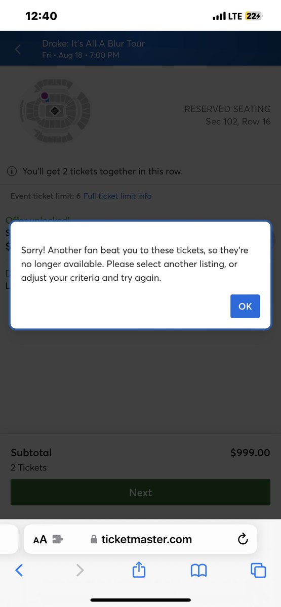 Emilyovo1024's tweet photo. Fuck you @Ticketmaster 🖕🏼 it shouldn’t be this hard to buy @Drake tickets. https://t.co/9JwSalz7x9