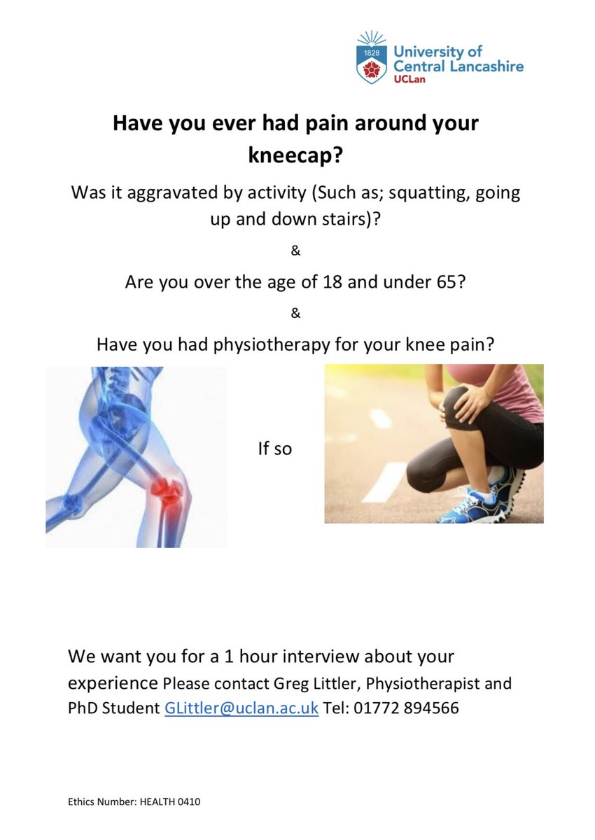 GregLittler's tweet photo. I am recruiting participants for my PhD. Looking for people: Who have ever had knee cap pain? ✅
Have you had Physiotherapy for it?  ✅
Availble to talk about your experience? ✅

We want to hear from you! 
#PFP #Physiotherapy #research https://t.co/anH9BfOshP