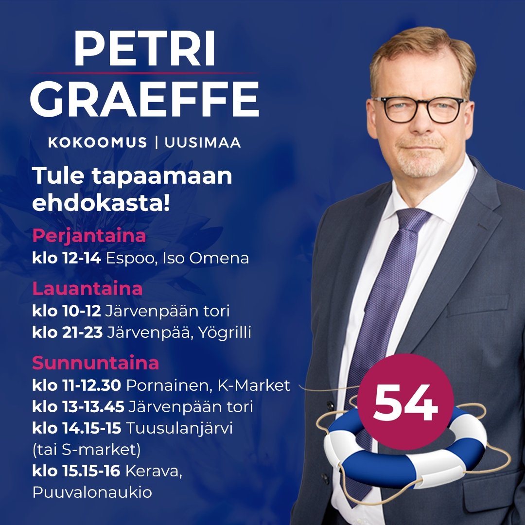 Tervetuloa tapaamaan eduskuntavaaliehdokastamme Petriä 💙

Petri tavattavissa Järvenpäässä lauantaina ja sunnuntaina.
