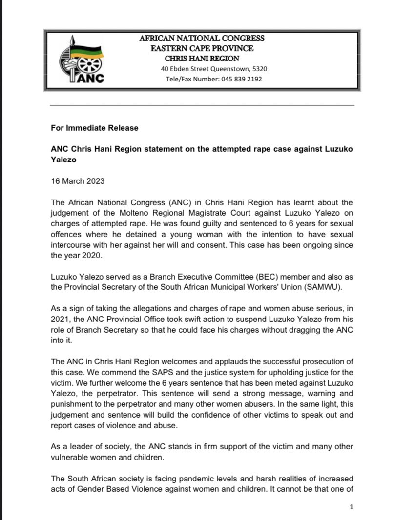 anc_hani's tweet photo. ANC Chris Hani Region statement on the attempted rape case against Luzuko Yalezo https://t.co/dlBUkFIIC6