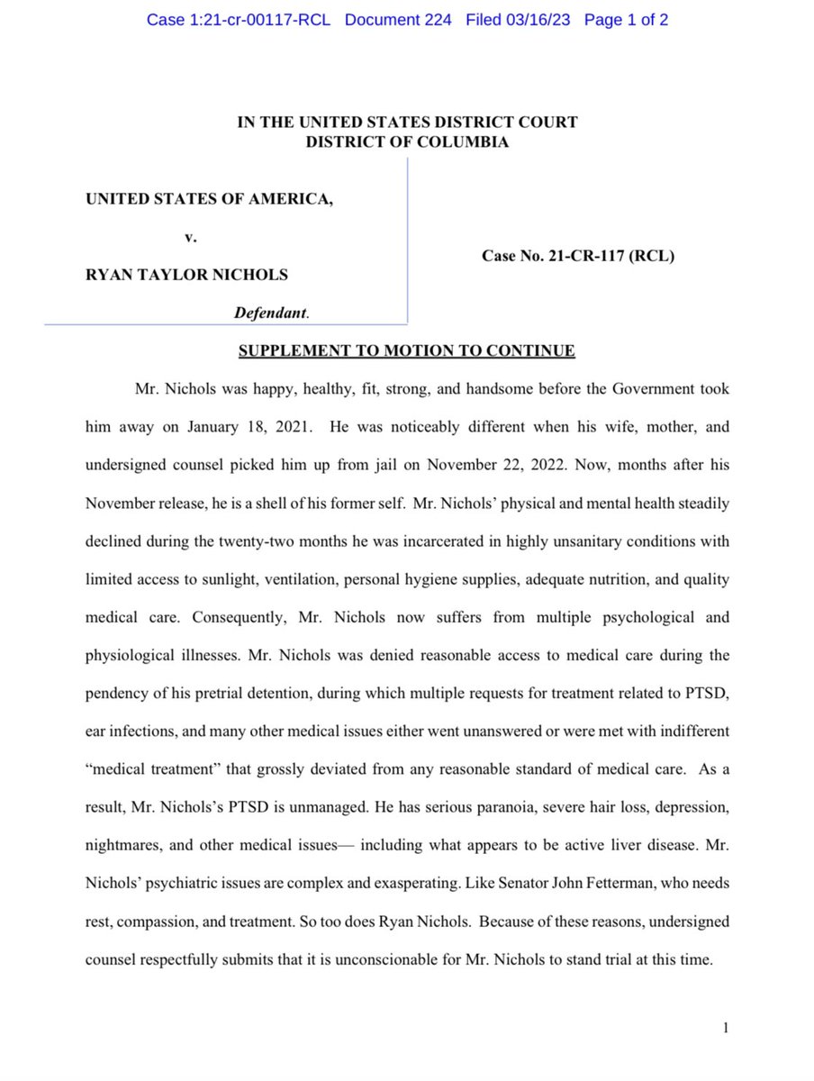 McBrideLawNYC's tweet image. Two years of torture in the gulag have harmed Ryan Nichols to the point where he is a shell of his former self.

His liver is failing. His psych issues are unmanaged. He is not ready to stand trial.

RT to show your support for this J6 Marine Corps Veteran living with PTSD!
