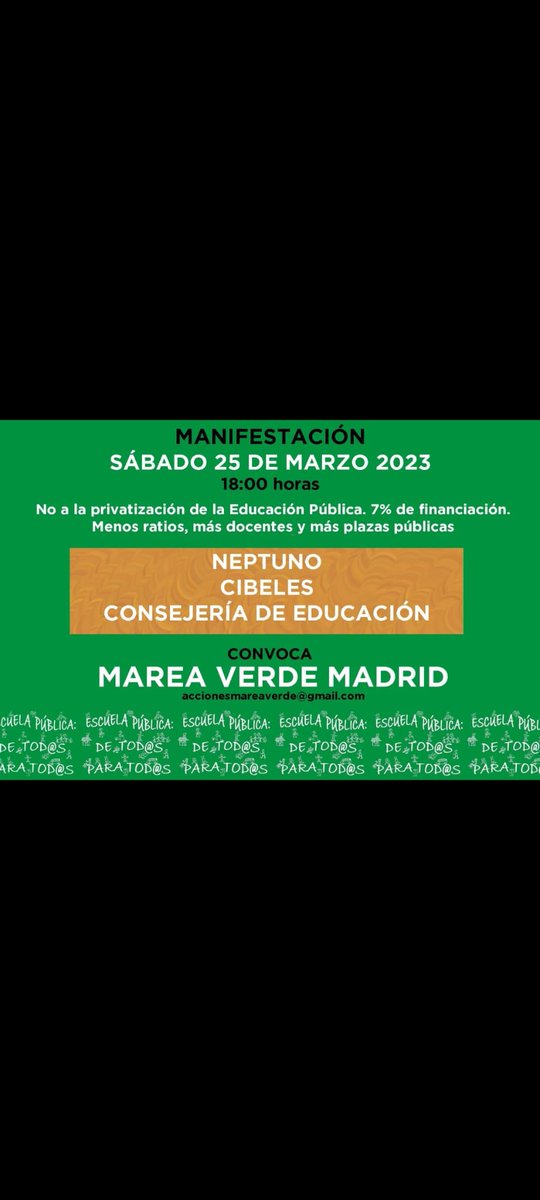 Razones para acudir a la manifestación:
- Aulas saturadas de niños, sin su correcta atención por falta de docentes en sus especialidades.
- Privatización de los recursos educativos, adjudicando programas a empresas privadas.
- El dinero de la pública derivado a la privada.
ÚNETE
