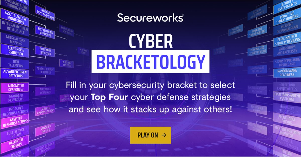 Hachtel_ThomasE's tweet photo. Itβs not just about basketball brackets this time of year. Play Secureworks #CyberBracketology and choose your top four #cybersecurity defense strategies. Share your results with the #CyberBracketology hashtag.
#MITREATTACK #XDR #IworkatSecureworks https://t.co/p3Er2XcpNq https://t.co/EcaPZC5gHl