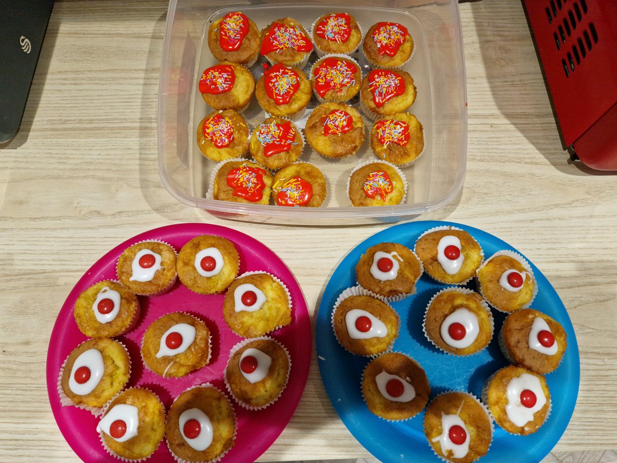 Naomi_Tute's tweet photo. Cakes made by Oz last night and decorated by Lucas tonight. Ready for the #RedNoseDay bake sale tomorrow. @Poppleton_Road https://t.co/KmNcZL753E