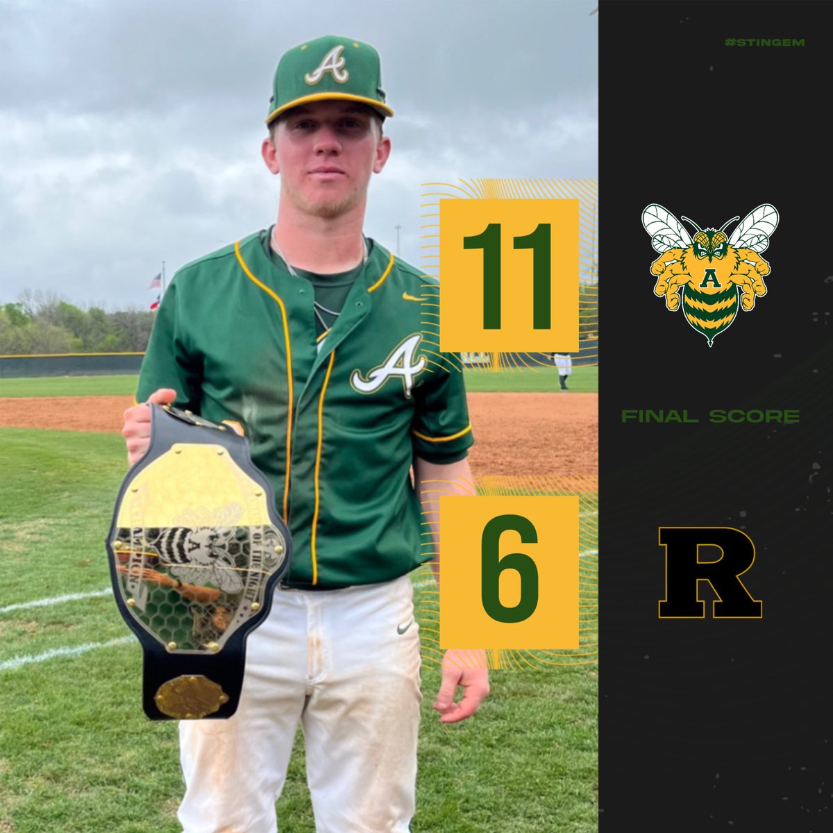 BEES WIN!!!

Honorable mention goes to <a href="/Alex_Lawton05/">Alex Lawton</a> with a HR, 2 RBI’s, and a BB. Our CHAMP of the Game goes to <a href="/lanewardd6/">Laneward6</a> with 2 H, a 2B, and 3 RBI’s at the plate. Lane also came in and shut the door on the mound! #BestIsTheStandard #StingEm