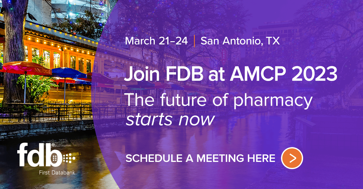 FDB_US's tweet photo. The future of pharmacy starts now. Learn how FDB is leading the charge with unique solutions during @amcporg 2023!
Join us March 21-24 in San Antonio. Set up a meeting with FDB experts: ➡https://t.co/4o4ODDbAGM | #AMPC2023 #ePrescribing #MedAdherence #DrugKnowledge #MedSafety https://t.co/LlppM6QlJ9