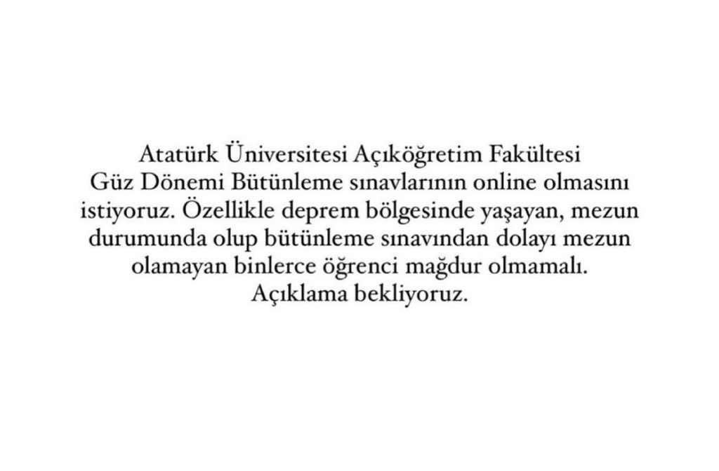 #onlinebütünleme Uzun zamandır belirlenmeyen ve bilgi beklenen ertelenen güz dönemi bütünlemesinin online olmasını istiyoruz. Öğrencileri mağdur etmeyiniz. <a href="/erolozvar/">Erol Özvar</a> <a href="/YuksekogretimK/">Yükseköğretim Kurulu (YÖK)</a> #onlinebütünleme #açıköğretimfakültesi