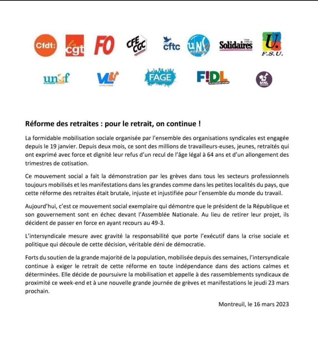 Après le 16 mars, la lutte continue 💪 Nous exigeons le retrait de cette réforme injuste et brutale #64cestnon