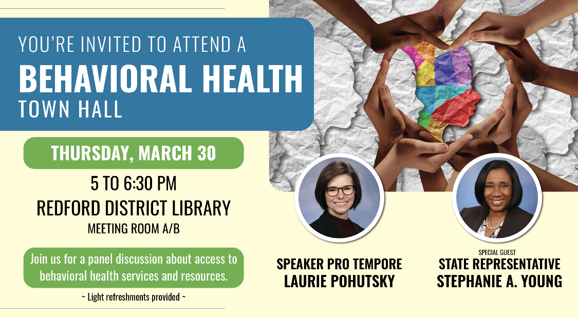 Join us at Redford District Library on 3/30 at 5pm for a Legislative Town Hall. Hear from <a href="/lpohutsky19/">Laurie Pohutsky</a> <a href="/RepStephYoung/">Rep. Stephanie A. Young for the 16th District</a>. Also DWIHN's Eric Doeh &amp; Tiffany Devon will discuss how we're helping people access treatment. We're proud to be part of this important conversation. #DWIHN