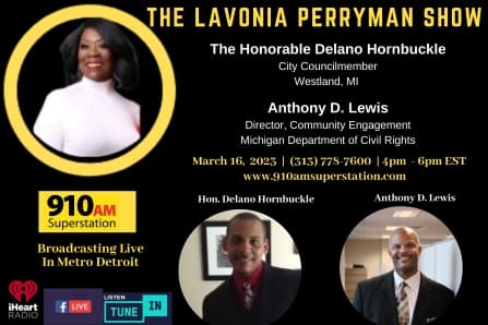 lavoniaperryman's tweet photo. Join the conversation with my in-the-studio guests today 313.778-7600. 

The Honorable Delano Hornbuckle
City Councilmember
Westland, MI 

Anthony D. Lewis
Director, Community Engagement
@MiCivilRights https://t.co/I6zoRfvQ0M