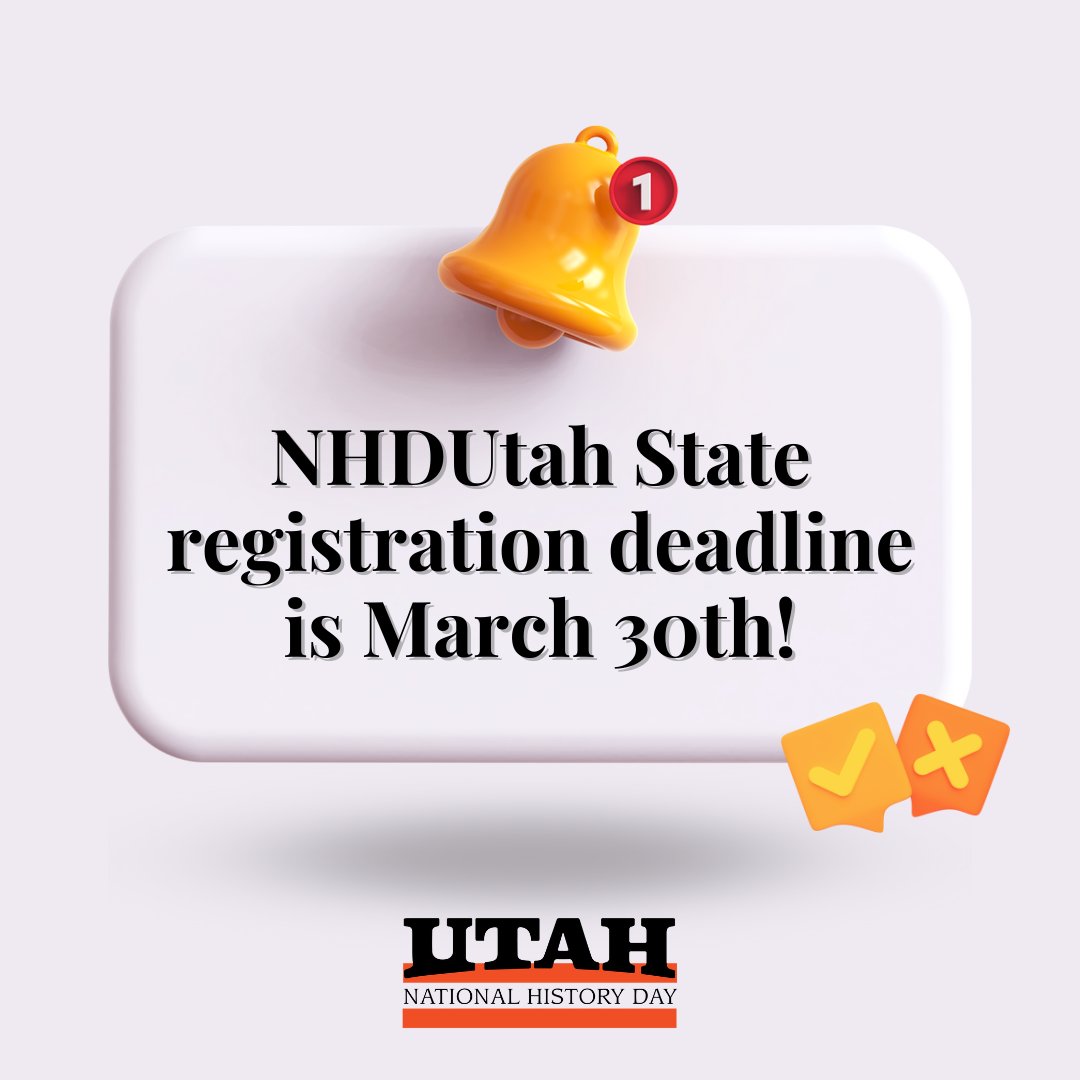 Attention NHDUtah state contest qualifiers! Remember to finish your registration by March 30th!

Register here: bit.ly/3ll8Egg 

#LearnHistoryMakeHistory #NHDUtah