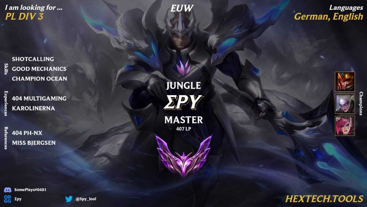 Spy (@spy_lool) on Twitter photo After the NLC split in div3 with <a href="/karolinerna/">Karolinerna</a> I am now LFT. I´d like to play Prime League again but i am open to any offers. I met <a href="/SultanEuw/">Sultan</a> in this split and we got along really well. It would be lovely to stay in the same team.
<a href="/lft_prime/">Prime League LFT</a>
Likes and RT appreciated. After the NLC split in div3 with <a href="/karolinerna/">Karolinerna</a> I am now LFT. I´d like to play Prime League again but i am open to any offers. I met <a href="/SultanEuw/">Sultan</a> in this split and we got along really well. It would be lovely to stay in the same team.
<a href="/lft_prime/">Prime League LFT</a>
Likes and RT appreciated.