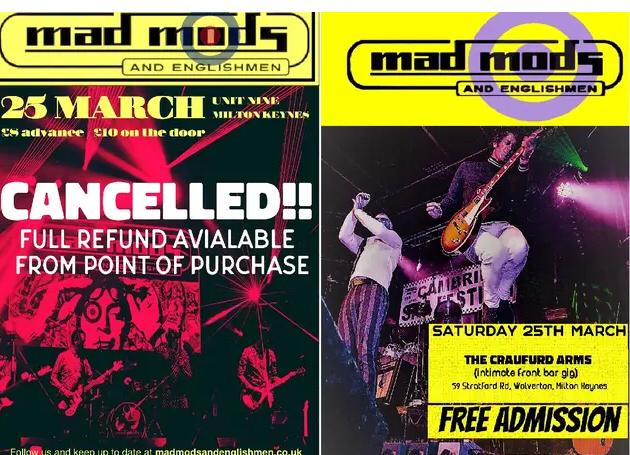 MadMods1's tweet photo. Change of venue for next Saturday's gig.  Through no fault of our own or Unit 9 we will now be playing in the front bar at The Craufurd Arms in Wolverton. Free Entry !  Tickets for the original gig will be fully refundable via skiddle.  See you at the Craufurd ! https://t.co/p6eWHUpUYw
