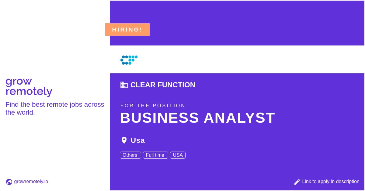 growremotelyio's tweet image. Check out this job at Clear Function for the position Business Analyst.
Apply link: growremotely.io/?id=64125fe683…
#hiring #remotejobs #ClearFunction #Others