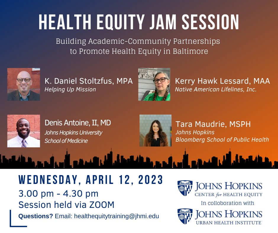 Join us for our panel-style Jam Session to hear from K. Daniel Stoltzfus and Kerry Hawk Lessard and <a href="/JohnsHopkins/">Johns Hopkins University</a>' Dr. Denis Antoine, II and <a href="/TheIndigFoodie/">Tara Maudrie</a> as they discuss promoting #HealthEquity in #Baltimore

📅 Wed, Apr. 12
🕛 3-4:30 pm
Register ow.ly/PhEP50Nko0J