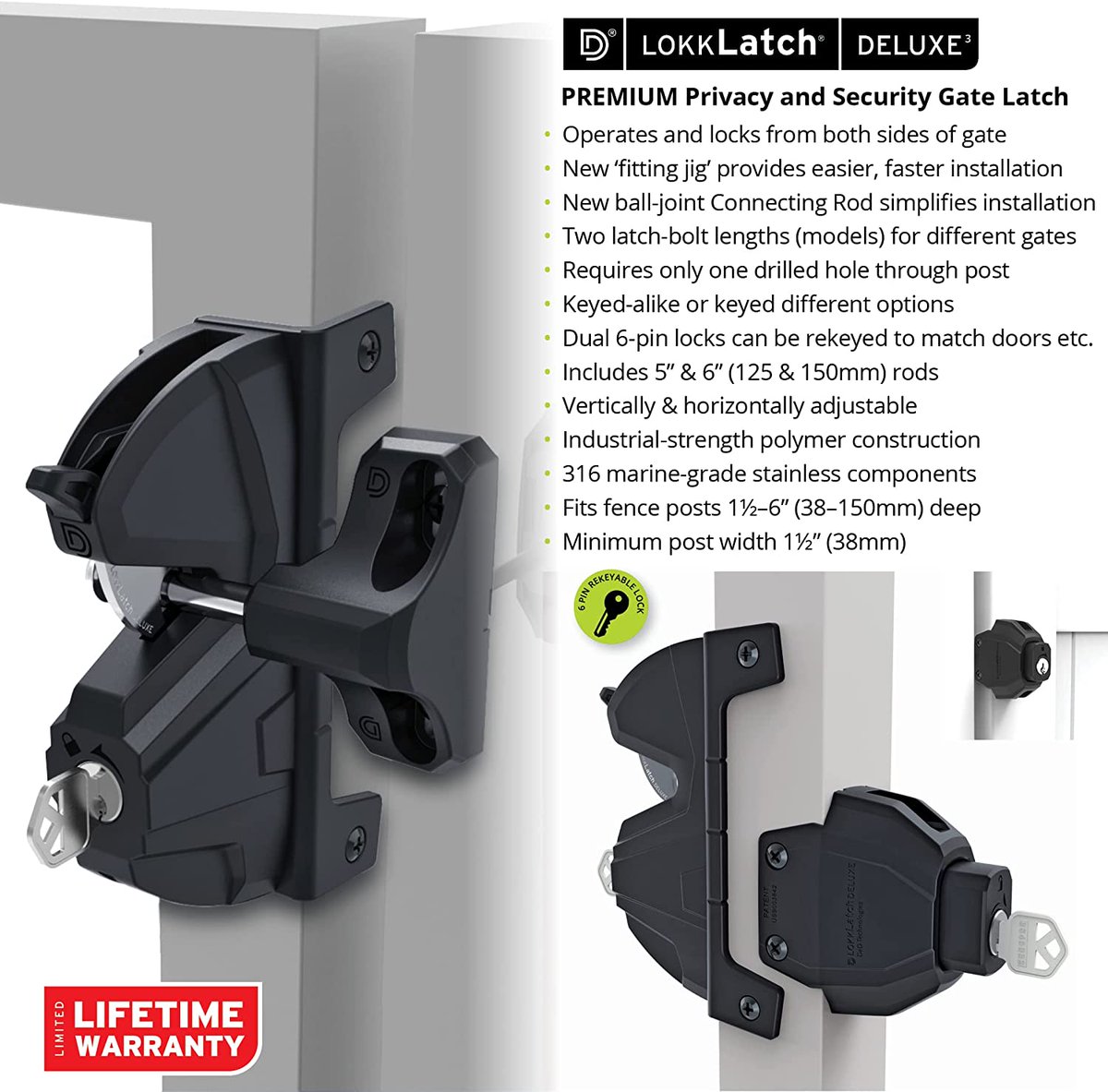 DDTechGlobal's tweet image. The #LokkLatchDeluxe has dual 6-pin locks and can be rekeyed to match other door locks; each latch is keyed differently.
Click for more details: okt.to/JfOEW3

#gatelocks #safetyfirst