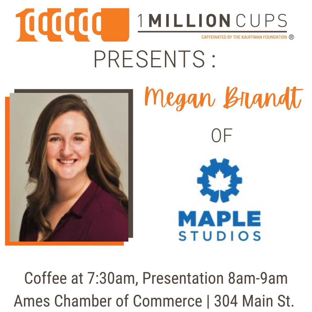 1MCAMES's tweet photo. Join us Wednesday, March 22, 8-9 AM for a discussion with Megan Brandt of @MapleStudiosDSM. Coffee starts at 7:30! ☕
➡️ Joining in person? Head to the Ames Chamber of Commerce, 304 Main St💡
➡️ Joining online? Join the Facebook Live! 📹
#1mcmidwest #1MCAmes #1millioncups #1MC https://t.co/I32ksAep3c