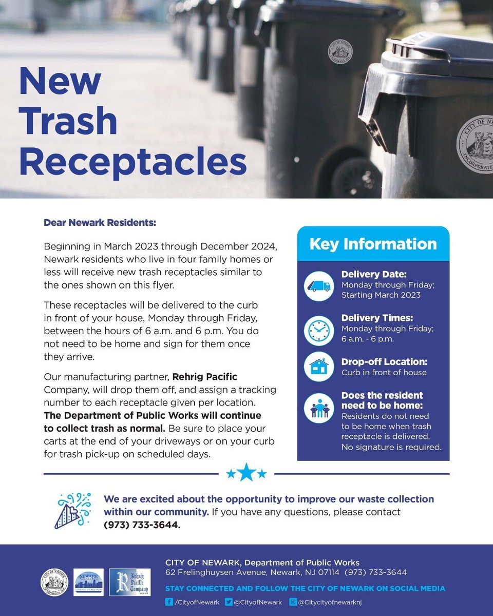 CityofNewarkNJ's tweet photo. The Newark Department of Public Works is proud to announce its new trash receptacle distribution!

Residents who live in four-family homes or less will receive new trash receptacles. You are not required to be home to receive.

If you have any questions, contact (973) 733-3644 https://t.co/mzHeII5SLv