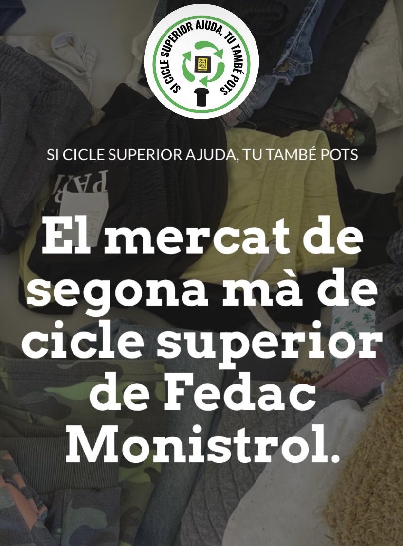 👉🏻 SI CICLE SUPERIOR AJUDA, TU TAMBÉ POTS 👈🏻

Després de veure que al món hi ha moltes desigualtats, hem decidit elaborar un Mercat de roba de segona mà per tal de col•laborar amb l’ONG @youcansavethem_ong 

Visiteu la nostra pàgina web per saber-ne més: sites.google.com/monistrol.feda…
