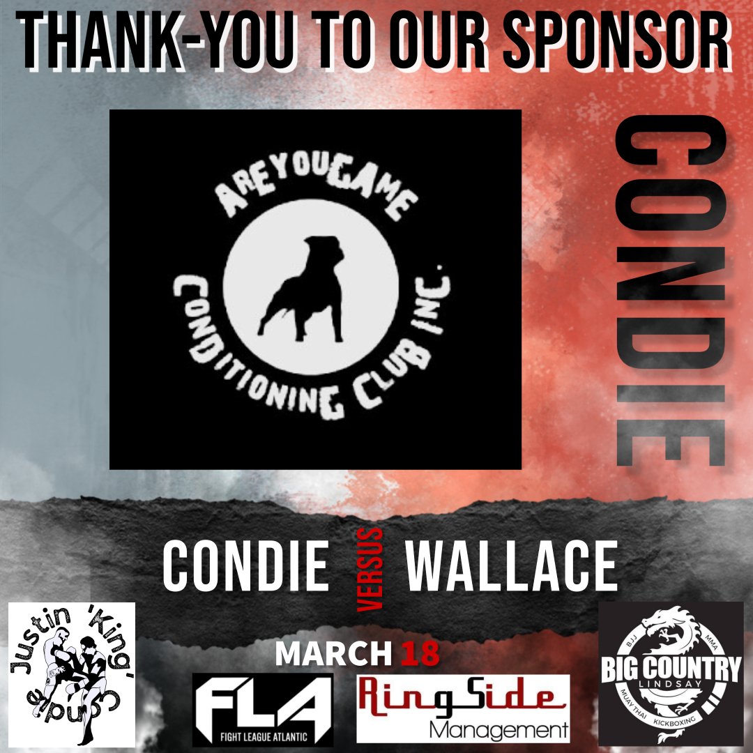 RingsideManage's tweet photo. 🔥THANK-YOU TO SPONSOR #AreYouGameYetConditioningClub
March 18 Justin 'King' Condie vs Shawn Wallace Fight League Atlantic #FLA8
#TeamCondie #fighter #mma #juijitsu #mmafighter #RingsideManagement #FightLeagueAtlantic #KingCondie #jordansexteriormetals #MMATwitter https://t.co/k0ePNkTpR6