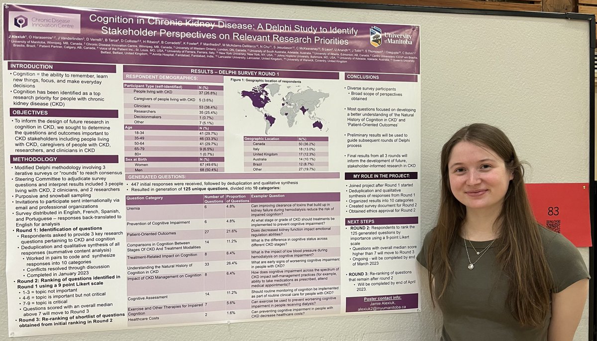 SevenOaksCDIC's tweet photo. Jamie Alexiuk is at the @umanitoba Undergraduate Research Poster Competition today, presenting initial results from our Delphi Survey that is gathering &amp; prioritizing research priorities related to #cognition in Chronic Kidney Disease! https://t.co/5zntWQSQAY