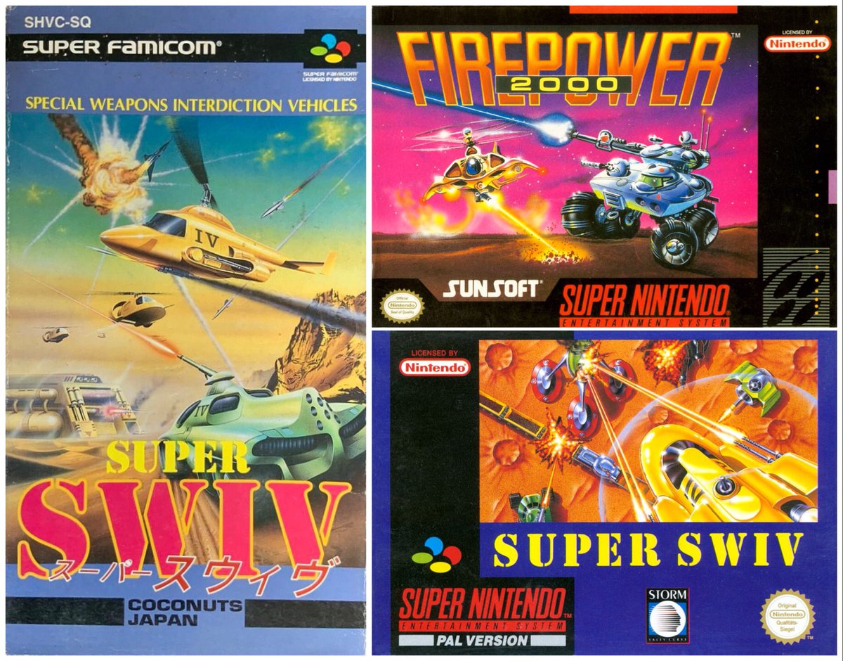 JoachimHesse's tweet photo. Die Reihe startete einst als Silkworm in der Spielhalle, #SWIV gilt als geistiger Nachfolger, dann folgte Ende 1992 #SuperSWIV für #SNES. In Nordamerika nannte Sunsoft das Ballerspiel in #Firepower2000 um. Welches Titelmotiv gefällt euch am besten: JP vs US vs EUR? #ClassicCovers https://t.co/Lneej8by2P