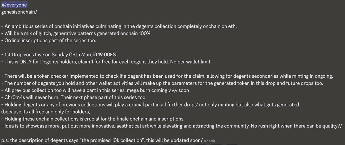 onedot6one8's tweet photo. announcement/

the next chapter of 1.618 and degents and all/

elevate?/

genesisonchain/

- An ambitious series of onchain initiatives culminating in the degents collection completely onchain on eth.
- Will be a mix of glitch, generative patterns generated onchain 100%.
- Ordinal inscriptions part of the series too.

- 1st Drop goes Live on Sunday (19th March) 19:00EST
- This is ONLY for Degents holders, claim 1 for free for each degent they hold. No per wallet limit.

more details in the picture attached/

https://t.co/Vx8Zu7EGL2